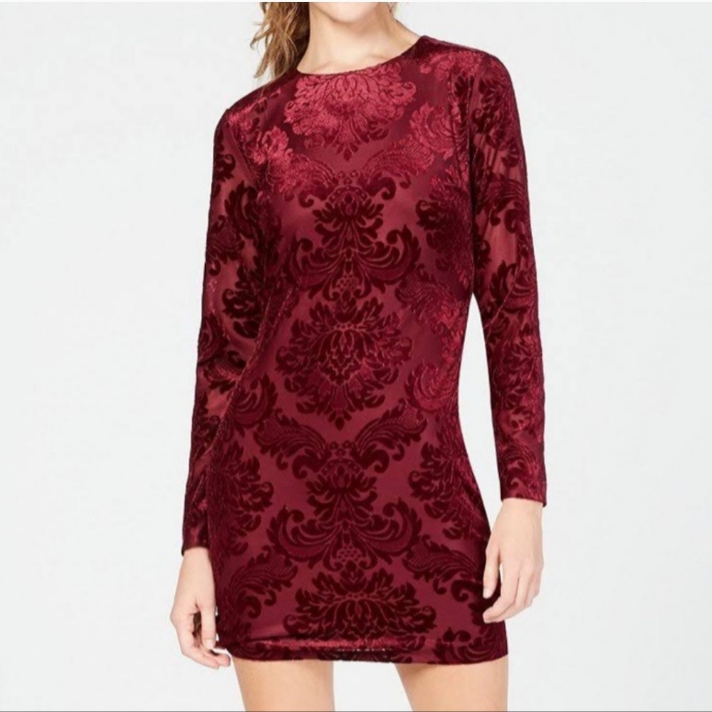 B.Darlin Red Crushed Velvet Long Sleeve Bodycon Open Back Mini Dress - 7/8